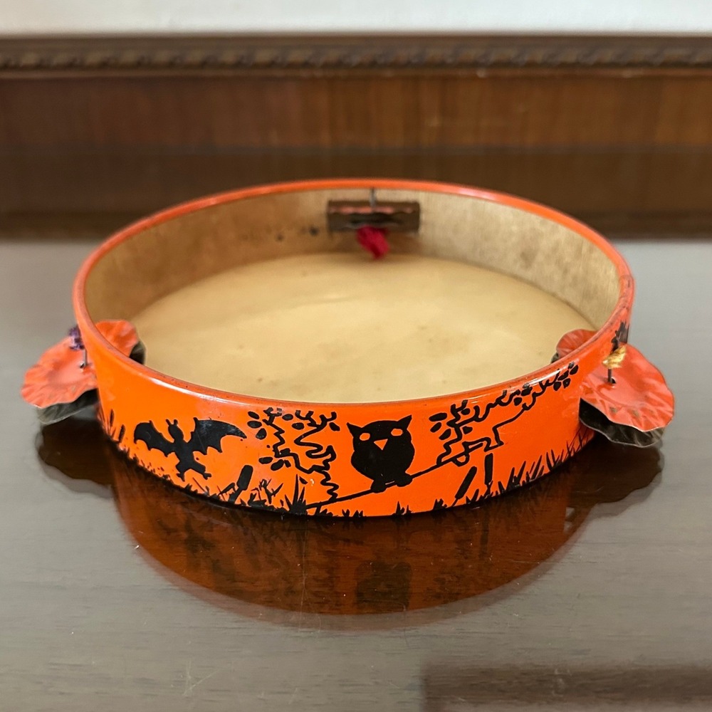 Vtg 6.5'' T Cohn Halloween Tin Tambourine Orange Black Cat Bat Owl Litho Toy USA